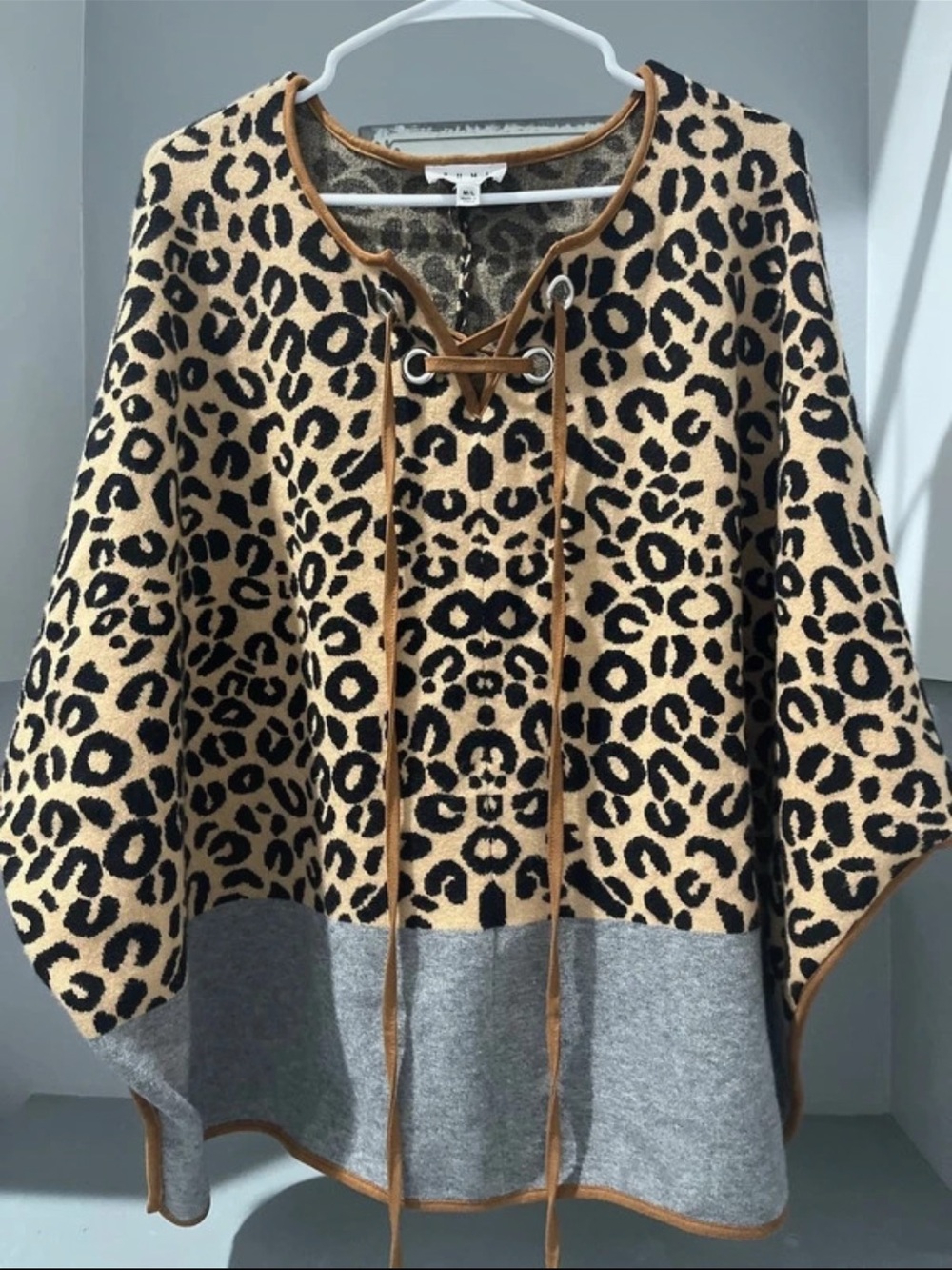 THML Leopard Lace-Up Poncho in Tan, Black & Gray